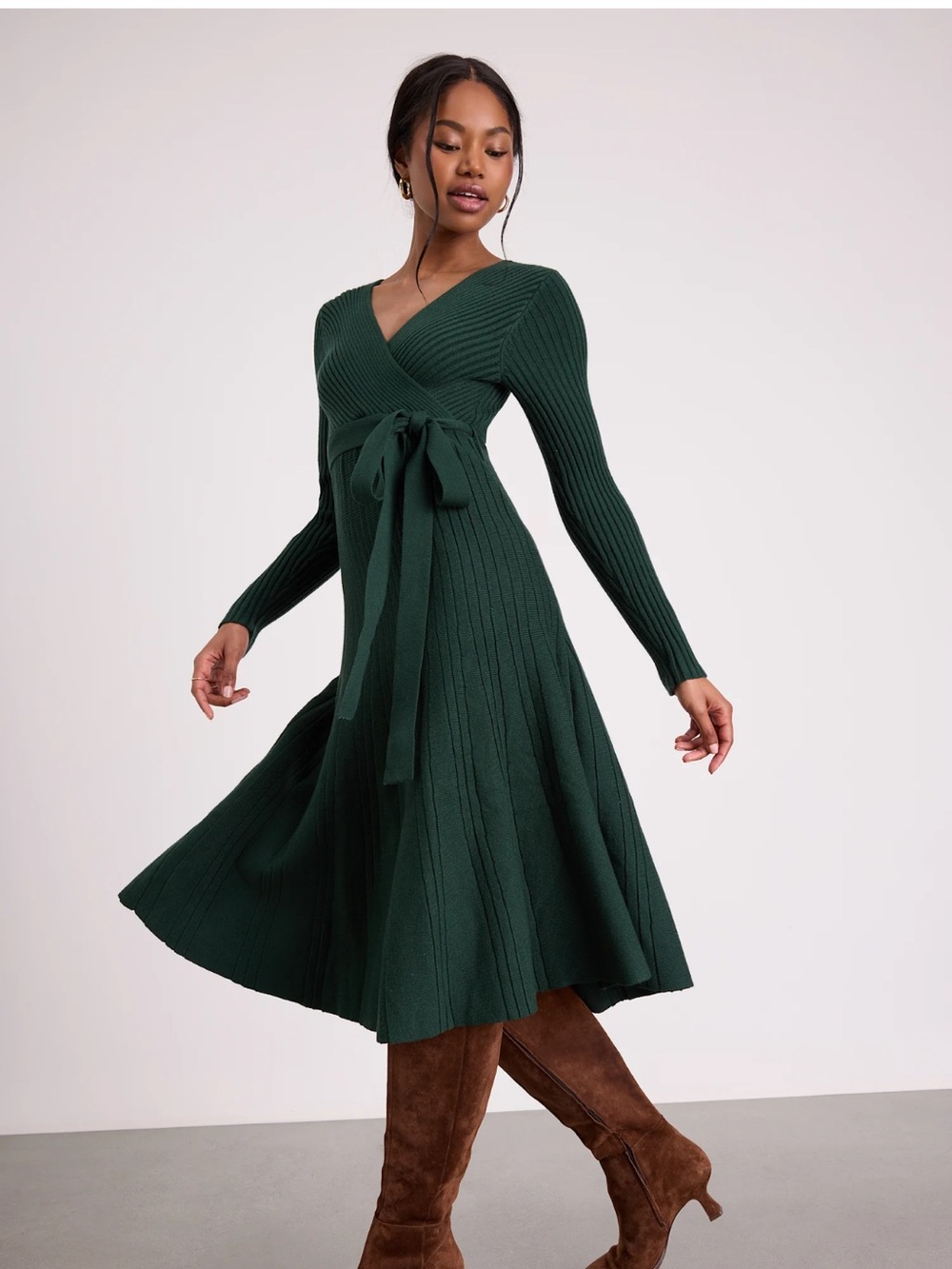 Lulu's Forest Green Ribbed Wrap Midi Dress - Picture 2 of 6